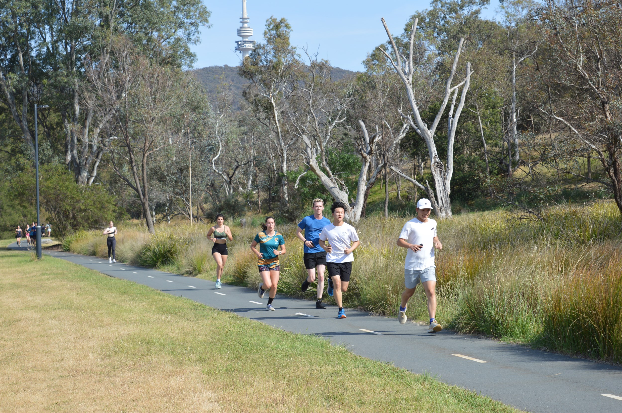 Man running on a footpath near some bushes
